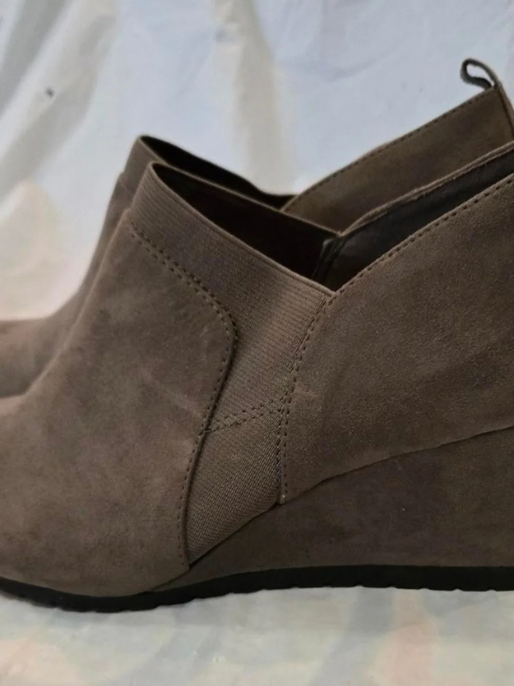 Bandolino Taupe Suede Wedge Slip-On Booties